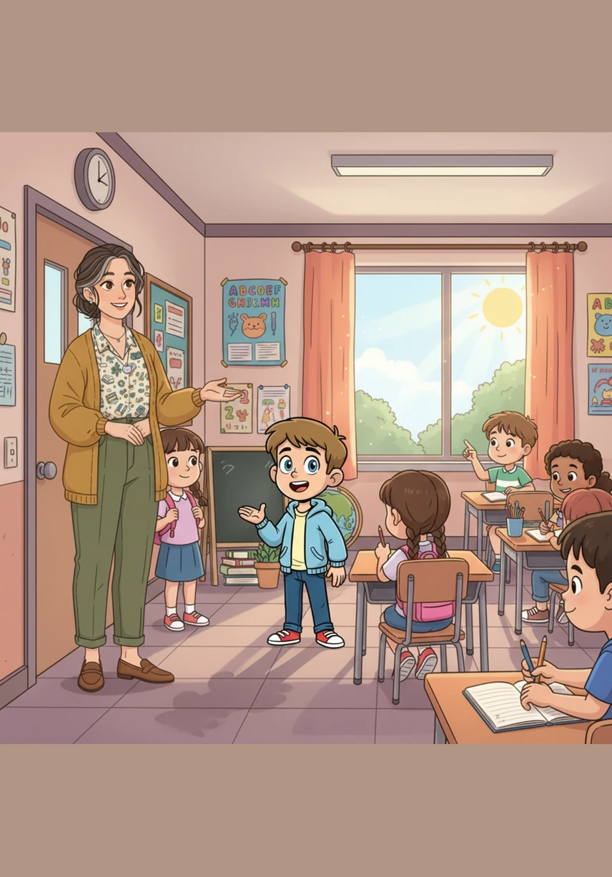 Na colorida sala de aula da Professora Sheyla, as paredes são cobertas por mapas vibrantes e letras que parecem ganhar vida sob a luz do sol. A professora recebe seus alunos com um sorriso acolhedor, pronta para começar uma nova jornada de conhecimento e exploração.