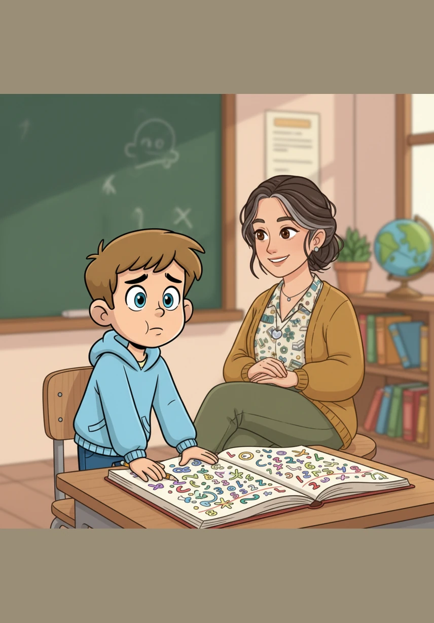 O pequeno Leo olha para o seu caderno, sentindo-se um pouco perdido entre os números e as palavras que parecem embaralhadas em sua mente. Ele suspira profundamente, imaginando se algum dia conseguirá desvendar todos aqueles mistérios guardados nas páginas dos livros.