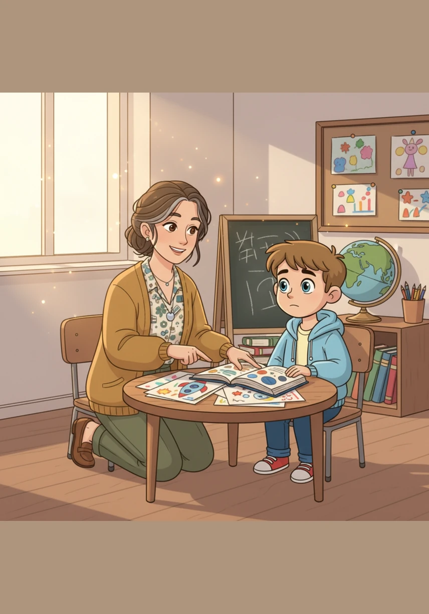 Percebendo a hesitação de Leo, a Professora Sheyla se aproxima com calma e lhe entrega um lápis especial que brilha com uma luz suave e encorajadora. Ela explica que cada erro é apenas um degrau a mais na escada do aprendizado e que eles caminharão juntos nessa trilha.