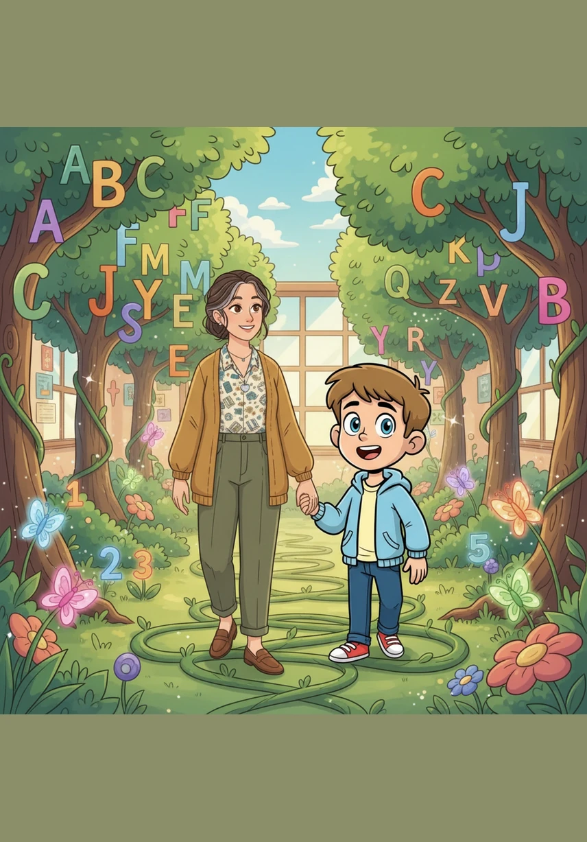 De repente, a sala de aula se transforma em um jardim mágico onde as letras do alfabeto crescem em árvores frondosas e os números flutuam como borboletas coloridas. Leo e a Professora Sheyla começam a caminhar por entre as flores, colhendo novas palavras para o seu vocabulário.