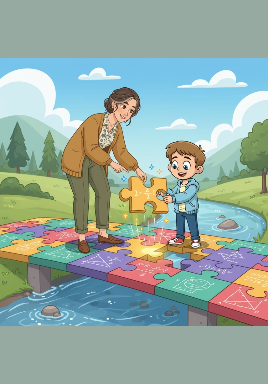 Eles chegam a uma ponte feita de peças de quebra-cabeça que representam grandes desafios matemáticos sobre um rio de águas cristalinas. Com a orientação paciente da professora, Leo aprende a encaixar cada peça no lugar certo, sentindo a alegria vibrante da descoberta.