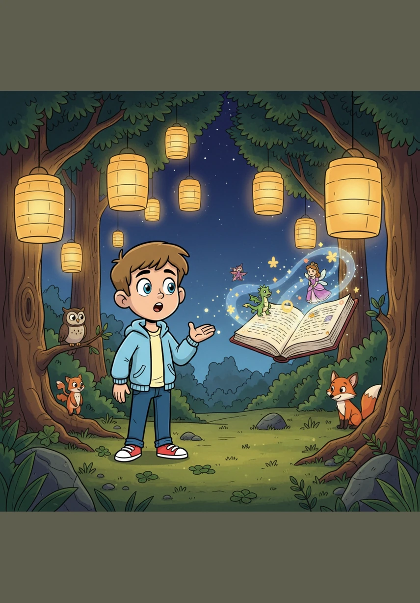 Em uma clareira iluminada por lanternas de papel, Leo encontra um grande livro em branco e percebe que ele tem o poder de escrever sua própria história. Ele começa a traçar frases com confiança, vendo suas ideias ganharem forma, cor e movimento diante de seus olhos.