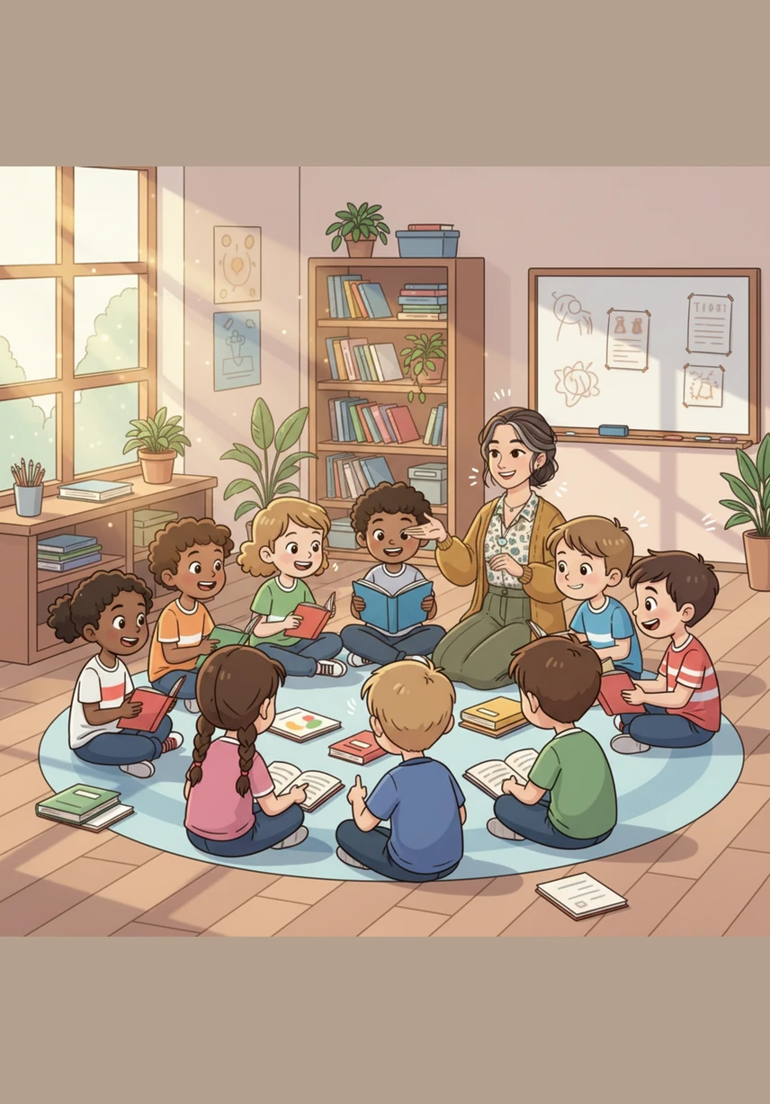 Outros colegas de classe se juntam a eles na aventura, e juntos formam um círculo de estudos onde todos se ajudam e compartilham o que aprenderam. A sala de aula se enche de risadas, colaboração e do som suave de páginas sendo viradas com entusiasmo.