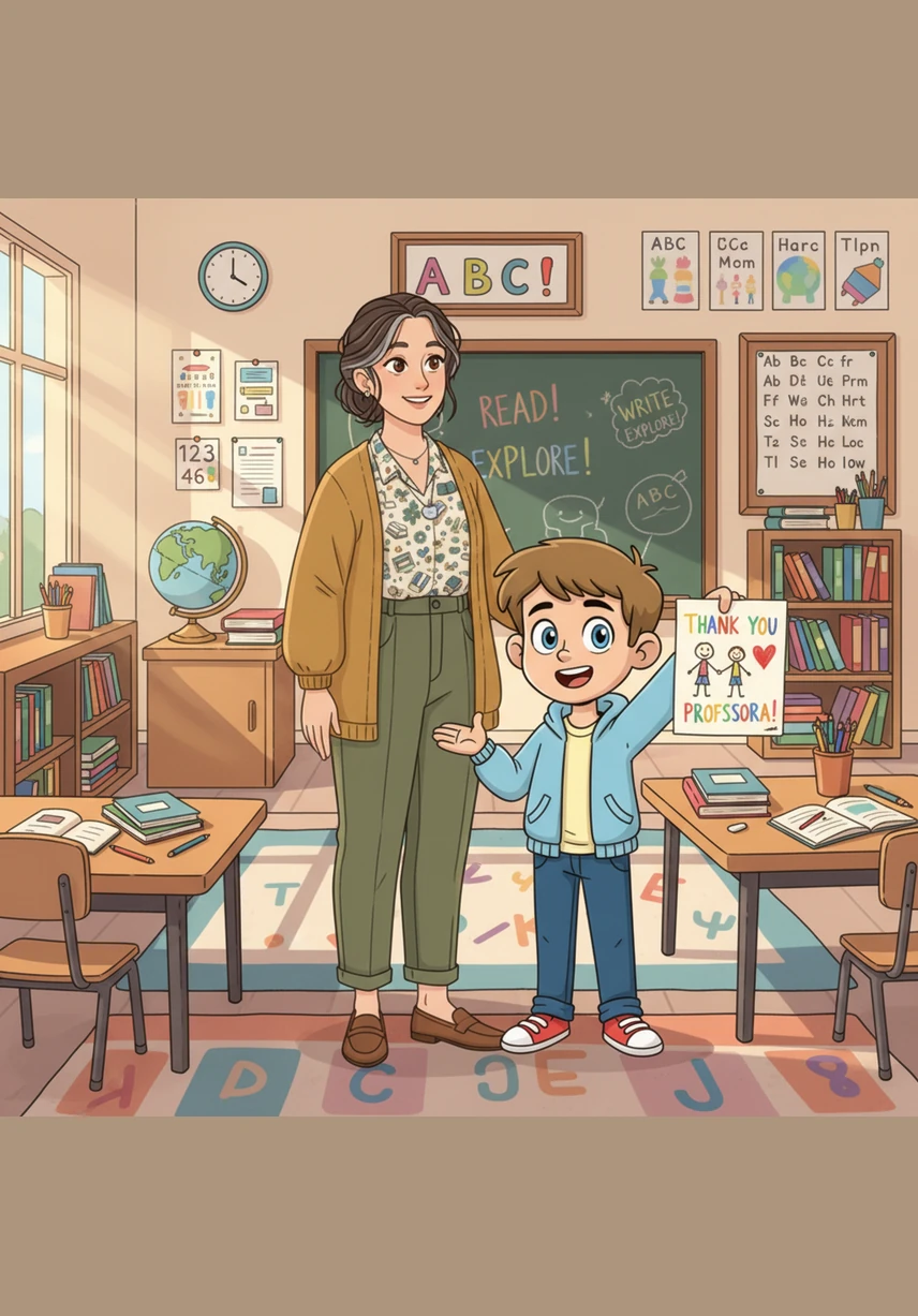 Na cena final, a Professora Sheyla e Leo aparecem orgulhosos diante de um mural escolar repleto de conquistas e trabalhos coloridos feitos pela turma. É o encerramento de um ciclo de intervenção e o começo de uma nova fase, onde a confiança e o amor pelo estudo guiarão cada passo.