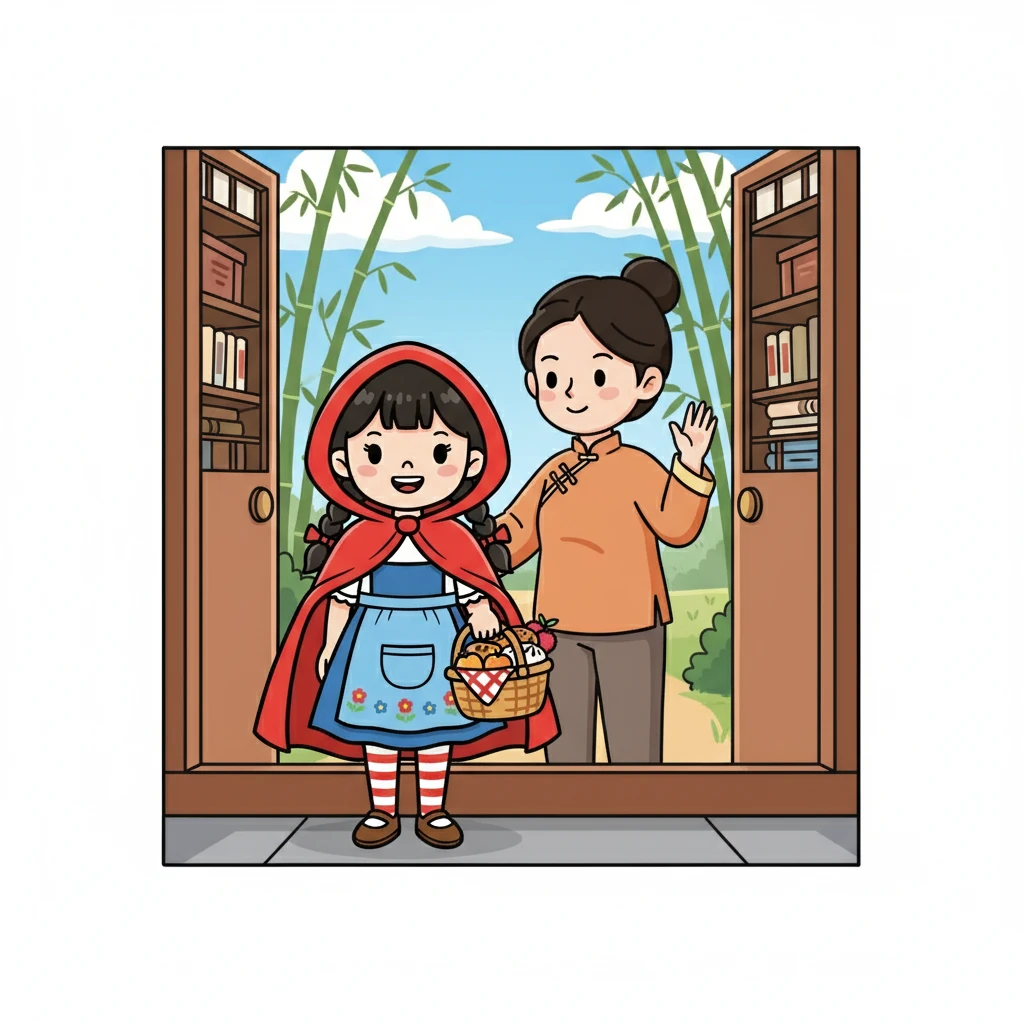 小红帽是一位可爱的小女孩，她总是戴着一顶红色的帽子。一天，妈妈让小红帽去给生病的外婆送一篮点心和水果。小红帽开心地答应了，她准备好篮子，告别了妈妈。