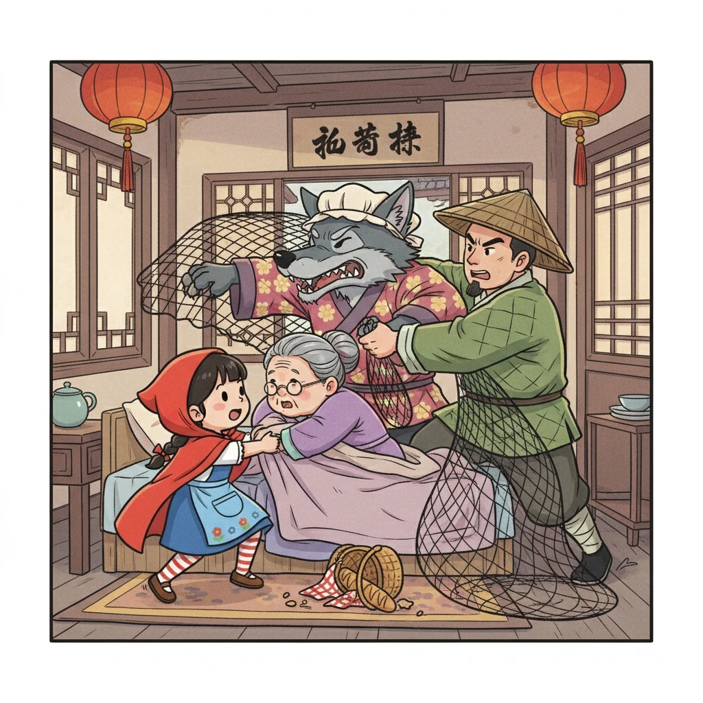 在关键时刻，一位勇敢的猎人路过外婆家。他听到了屋里的动静，意识到发生了什么事。猎人冲进屋里，制服了狼，救出了外婆和小红帽。