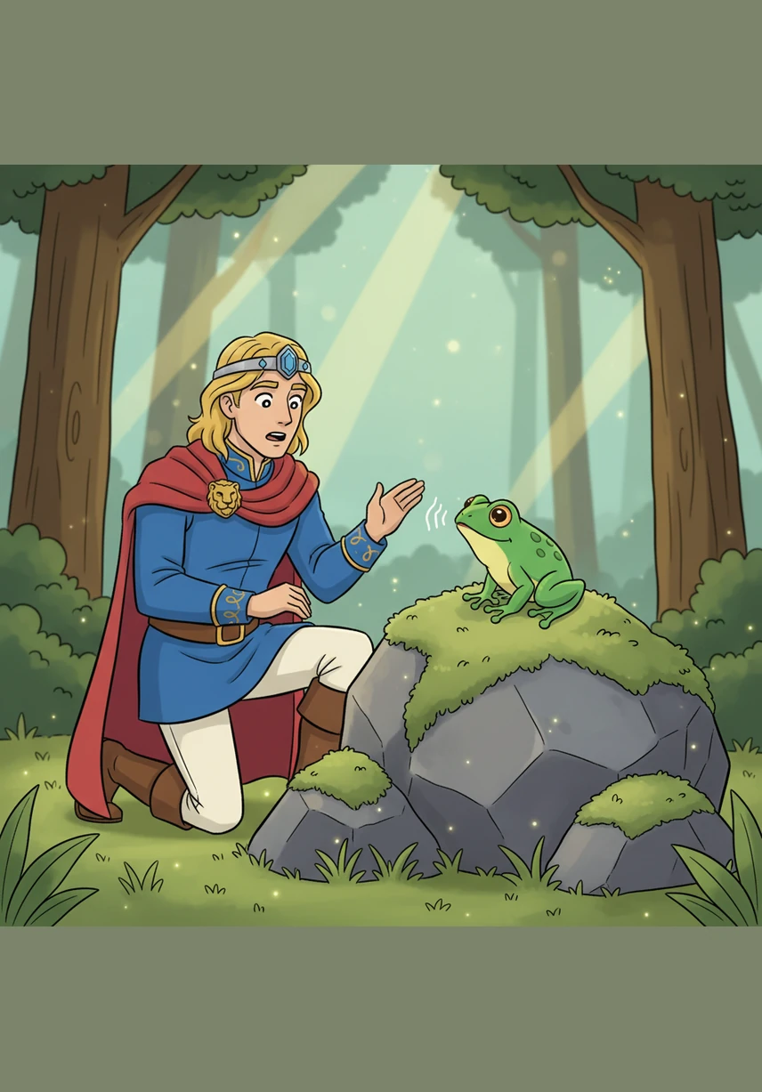 Sitting on a giant mossy rock was a small, bright emerald frog with eyes that sparkled like amber. To Aris's surprise, the frog didn't hop away, but instead tilted its head and let out a soft, melodic croak that sounded almost like a warm greeting.