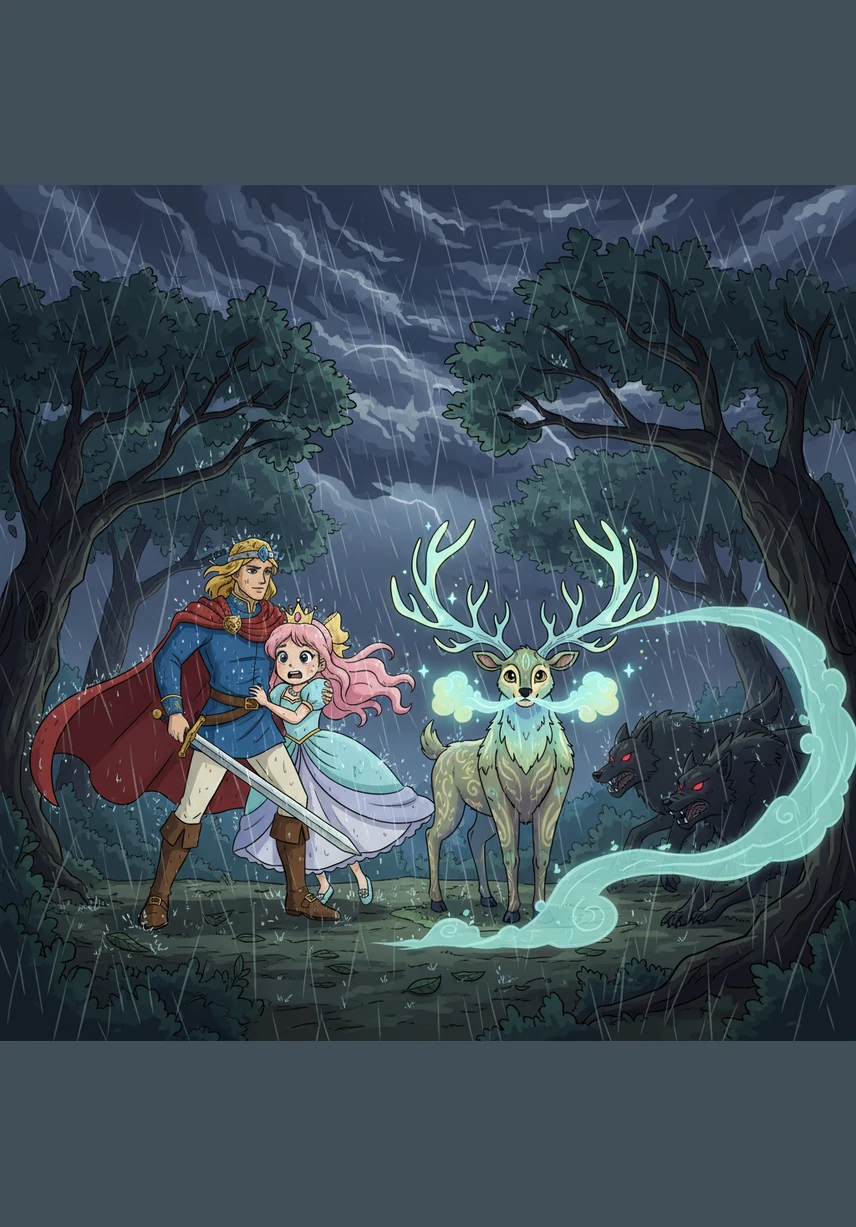 A sudden summer storm rolled in, turning the sky a deep indigo and shaking the ancient trees with heavy winds. Aris didn't run for cover; instead, he used his cloak to shield Hana and the other small pond creatures from the lashing rain and falling branches.