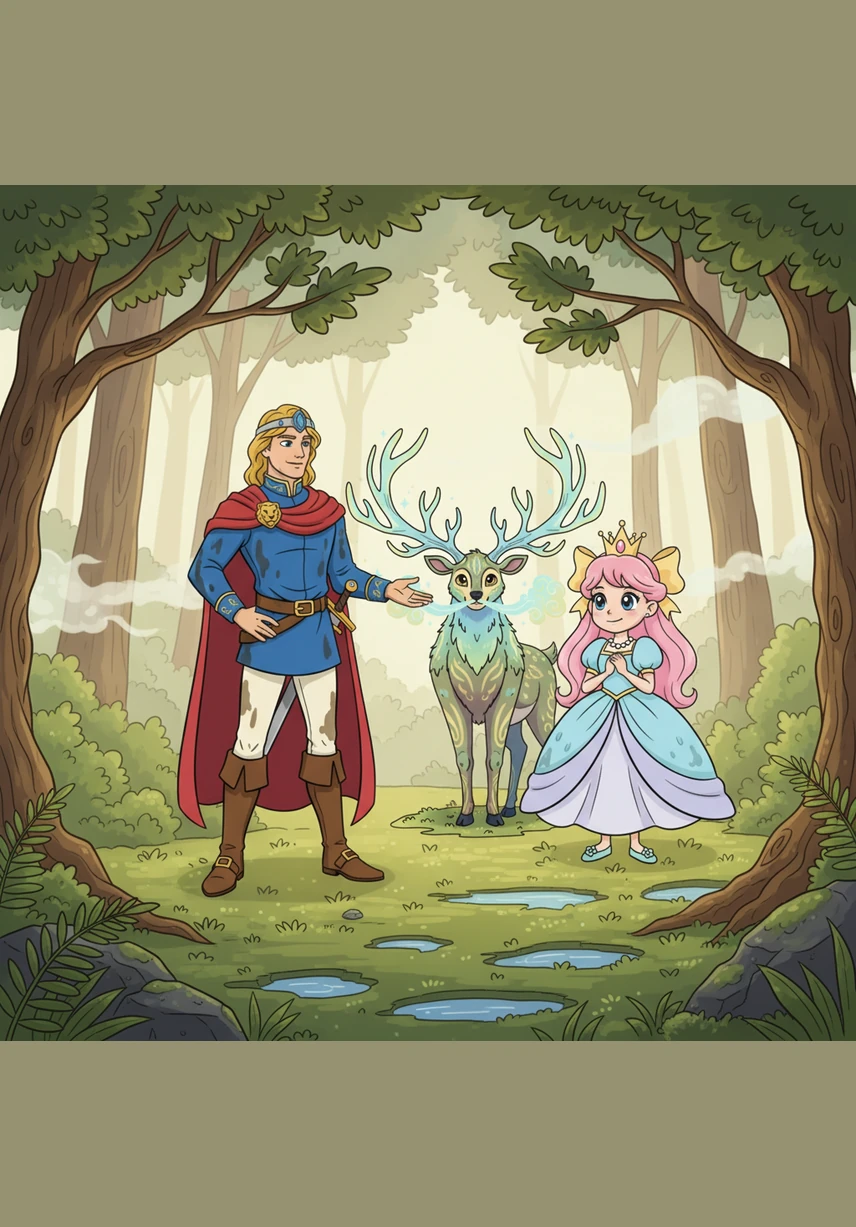 As the rain softened, a magnificent Great Forest Spirit emerged from the mist, its antlers glowing with a soft, ethereal light. The spirit had watched Aris's selfless care and saw that his heart was as pure as the water he had protected throughout the storm.