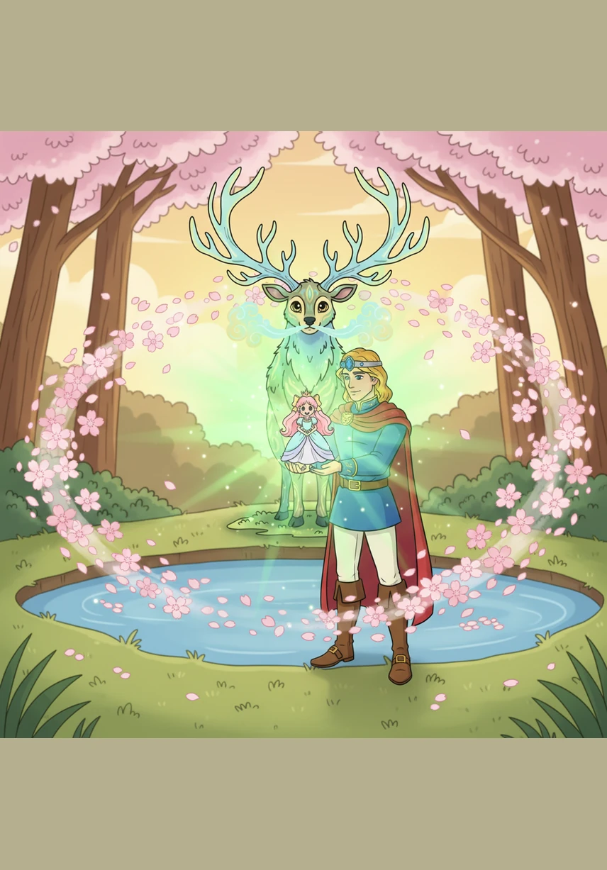 With a gentle breath from the spirit, a whirlwind of cherry blossoms began to swirl around the pond, smelling of spring and ancient magic. Aris held Hana carefully in his palms, watching as the green light around her began to glow brighter than the morning sun.