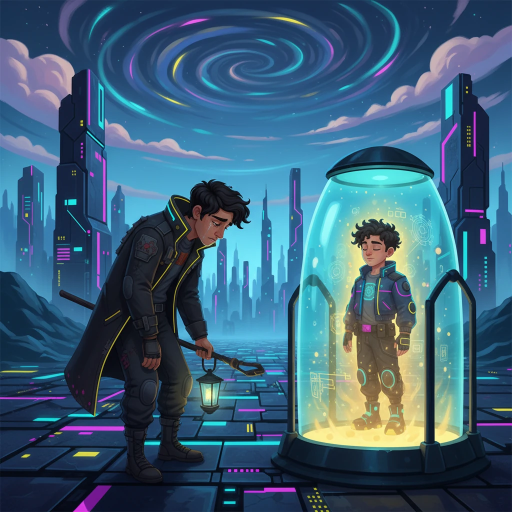 Sharnayar, a figure of profound sorrow, gazed across a vast, digital steppe under a sky streaked with melancholic neon. His heart ached for his nine lost sons, their fates unknown in the sprawling cyber-cityscapes. Then, a miracle unfolded within a gleaming bio-pod: Er-Tostik, glowing with nascent energy, was born, a beacon of hope in the digital night.