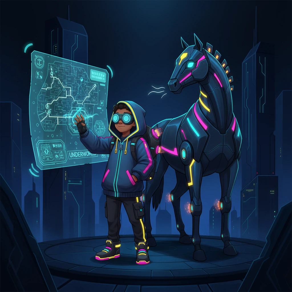 Now a formidable young man, Er-Tostik stood before a pulsating holographic map, its intricate lines tracing pathways to the dreaded Underworld. Beside him, Chalquiyruk, his magnificent cyber-steed, whinnied softly, its metallic hide gleaming with built-in thrusters and glowing optical sensors. Their shared destiny was clear: retrieve the lost.