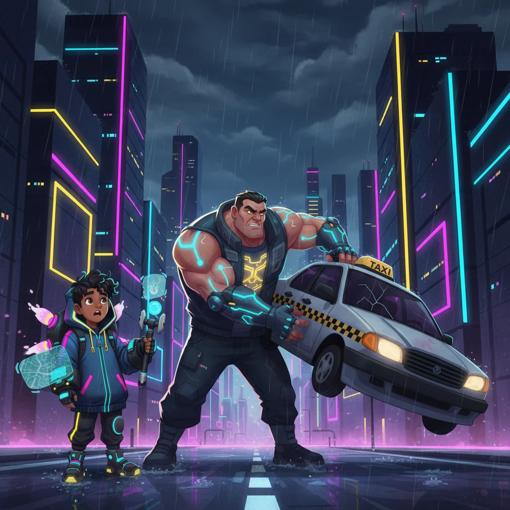 Their journey led them to a towering neon metropolis, where Er-Tostik encountered Költaúsar. This imposing figure, with cybernetic enhancements humming beneath his skin, effortlessly lifted a crashed hover-taxi, demonstrating his incredible strength amidst the rain-slicked, glowing streets. He agreed to join Er-Tostik's perilous quest.