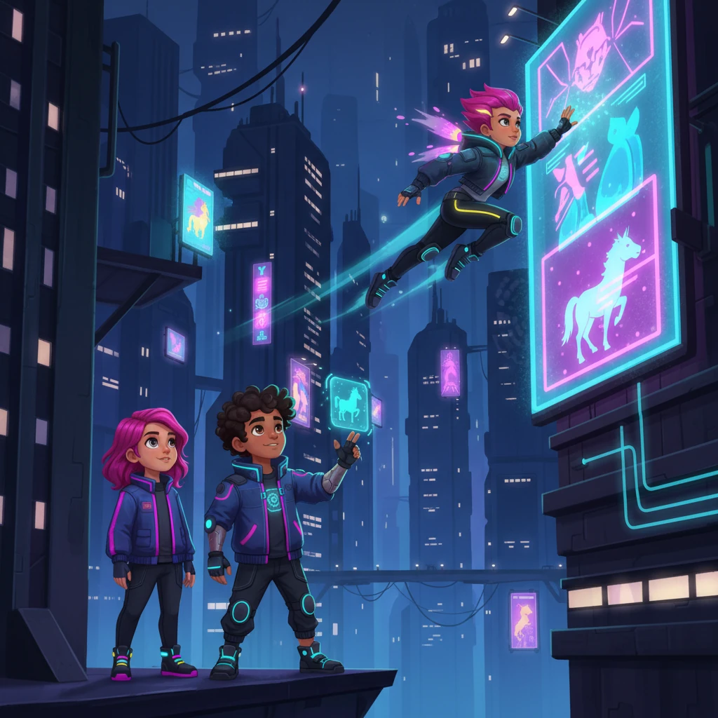 Through the labyrinthine alleys of the city's lower sectors, they found Taúsoghar, a blur of motion darting across digital billboards and scaling impossible walls. Her agility was unmatched, a phantom weaving through the urban sprawl with electrifying speed. She saw the nobility in Er-Tostik's quest and offered her unparalleled swiftness.