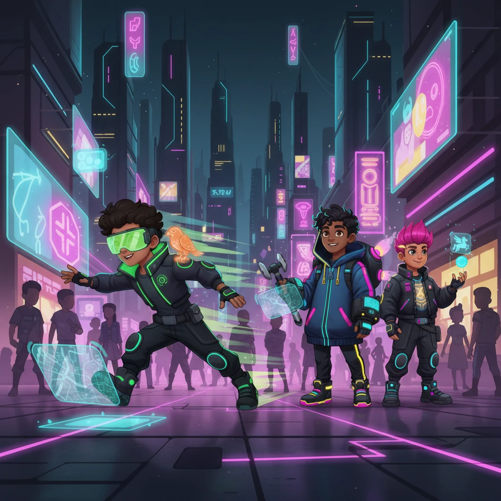 Deep within a bustling, holographic marketplace, they located Jelayaq, whose movements were so incredibly fast he seemed to phase through the crowds. His electric green visor reflected the vibrant neon, his every step a whisper of speed. With three powerful allies by his side, Er-Tostik's hope burned brighter.