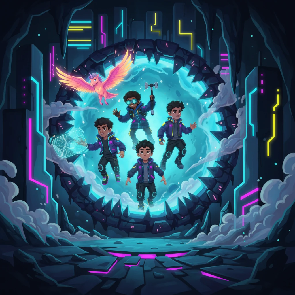 Together, Er-Tostik, his three friends, and the loyal Chalquiyruk descended into the gaping maw of the Underworld portal. Eerie digital mist swirled around them as they plunged into the abyss, the vibrant neon of the surface world fading into the sinister glow of the deep. The true test of their courage lay ahead.