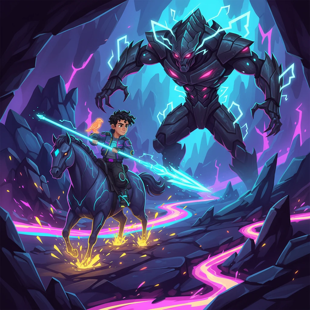 The Underworld was a realm of jagged, glowing rock formations and molten data streams. Here, they faced Bektorý, a monstrous entity of twisted metal and crackling energy, its eyes burning with malevolent intent. Er-Tostik, wielding a glowing energy spear, charged forward, Chalquiyruk's hooves sparking against the dark ground.