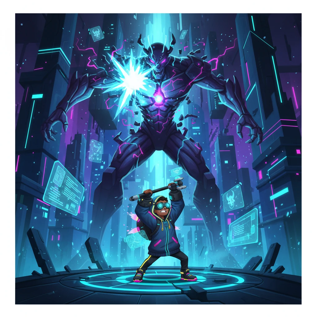 Deeper still, in the heart of the Underworld's digital core, awaited Bapy Khan, a colossal, multi-limbed overlord, its form shifting with dark holographic power. The final battle raged, a symphony of clashing energy and desperate courage. Er-Tostik, fueled by love for his brothers, delivered the decisive blow.