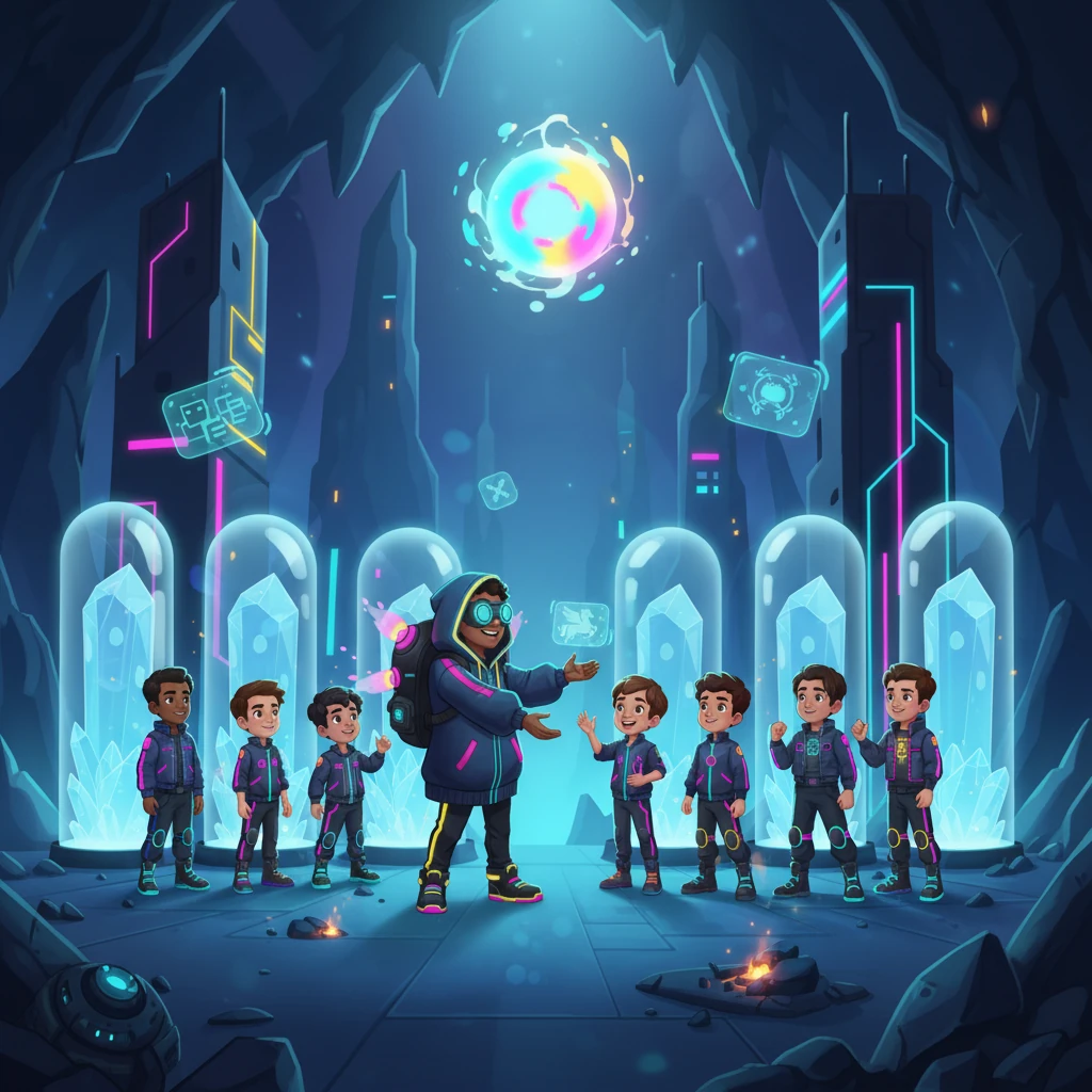 With the monsters defeated and the Underworld's dark energy receding, Er-Tostik found his nine brothers, released from glowing, crystalline containment pods. The reunion was bathed in a soft, victorious light, their faces etched with relief and gratitude. Er-Tostik, the Cyber-Steppe Hero, had brought his family home, forever a symbol of courage and perseverance.