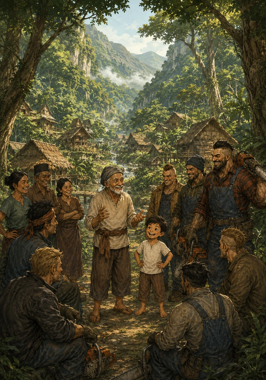In a beautiful valley lies Makmur Village, a place of peace and natural wonder. It is surrounded by a dense, emerald forest with towering trees that provide shade and a sense of calm to everyone who lives there.
