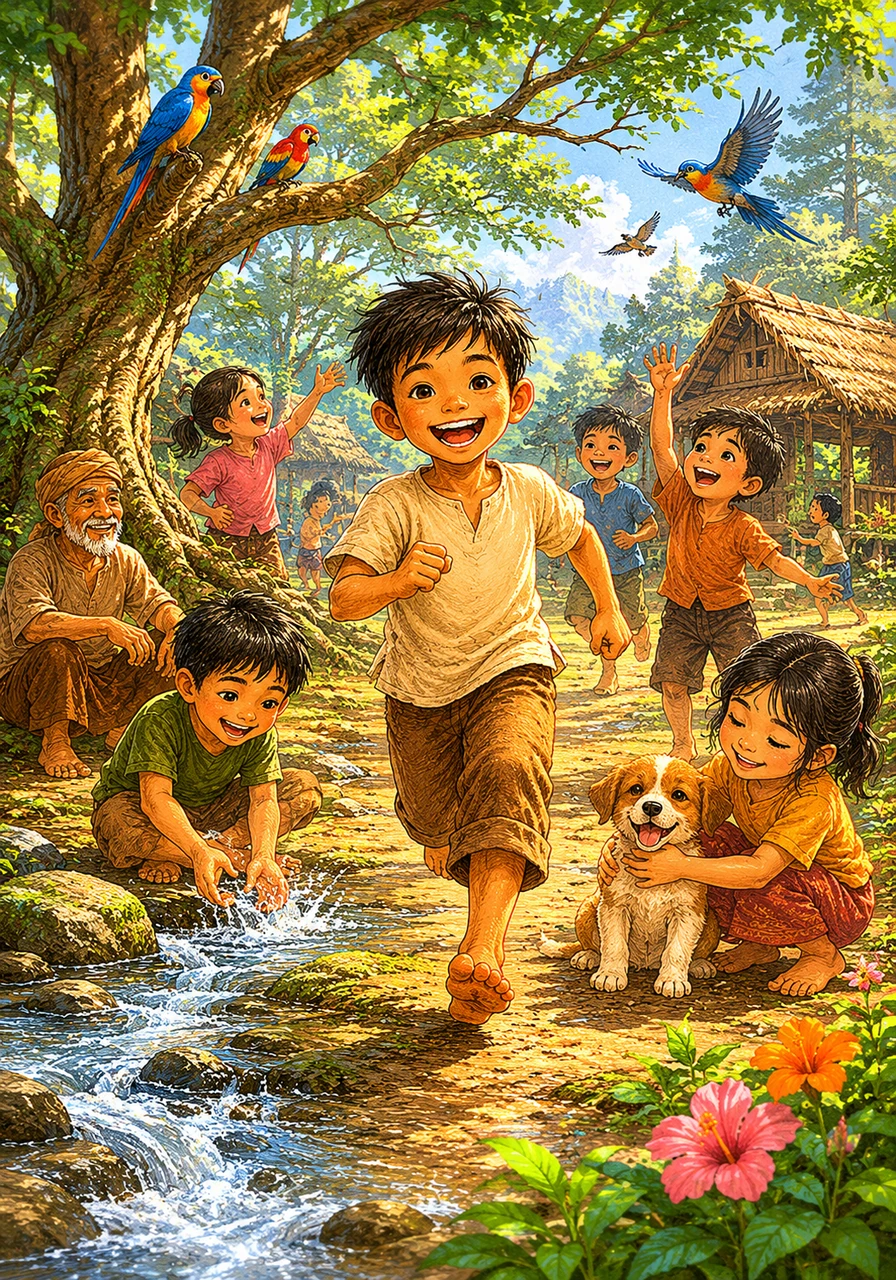 The air in the village is always cool and fresh, carrying the scent of pine and damp earth. Children laugh as they play under the wide branches of ancient trees, while colorful birds sing joyful melodies from above, and the ground remains rich with clean, abundant water.