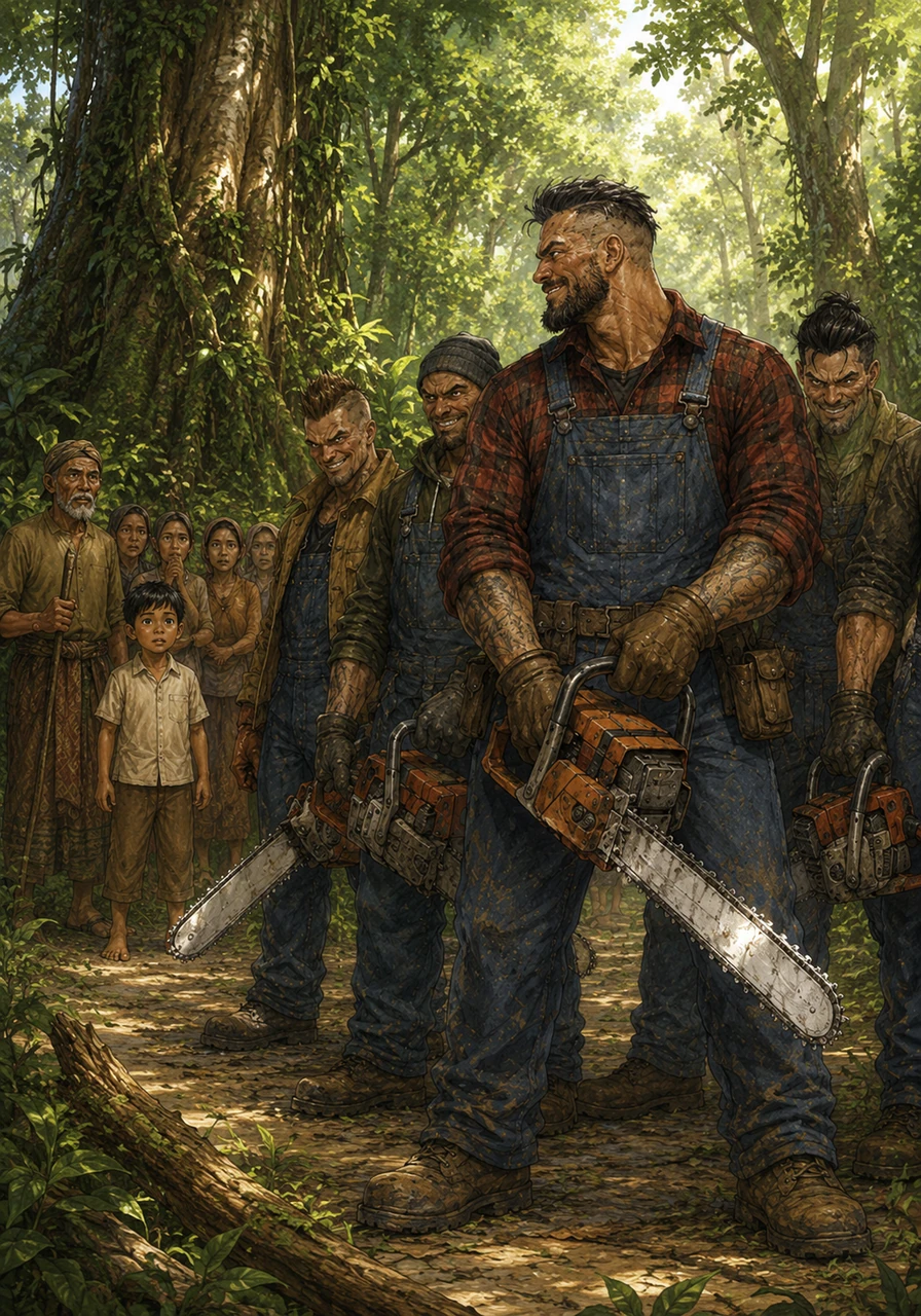 The peace is shattered when a group of outsiders arrives from the city, carrying heavy chainsaws that glint in the sun. They look at the lush forest not as a sanctuary, but as a mountain of gold and profit waiting to be harvested.