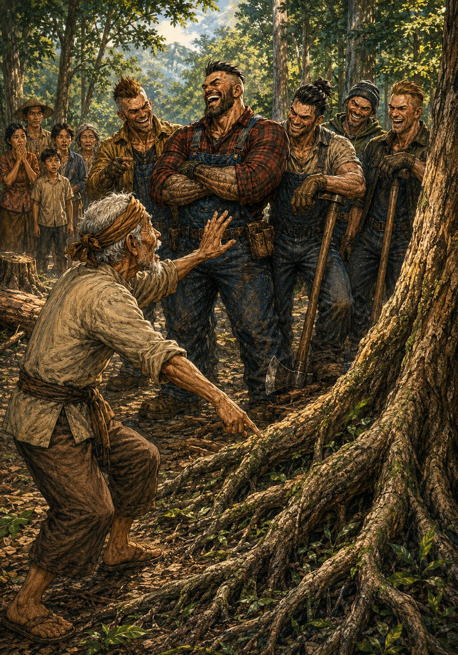 Grandpa Danu, the wise elder of the village, approaches the workers with a look of deep concern. He warns them that the tree roots are the village's only defense against the rain, but the greedy men only laugh and ignore his plea.