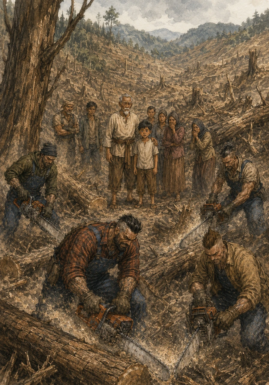 Day by day, the roar of chainsaws echoes through the valley as the great giants of the forest fall one by one. The once vibrant and green hillsides slowly turn into a barren, brown wasteland of stumps and dry earth.