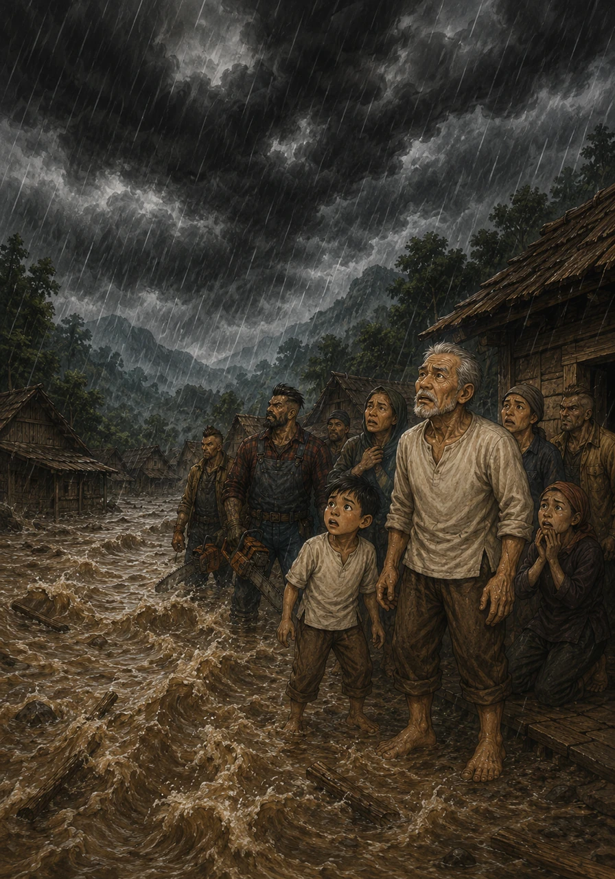 As the dry season ends, heavy black clouds gather ominously over the valley. A relentless storm begins, pouring rain for days on end, and the villagers watch with growing fear as the river water rises toward their doorsteps.
