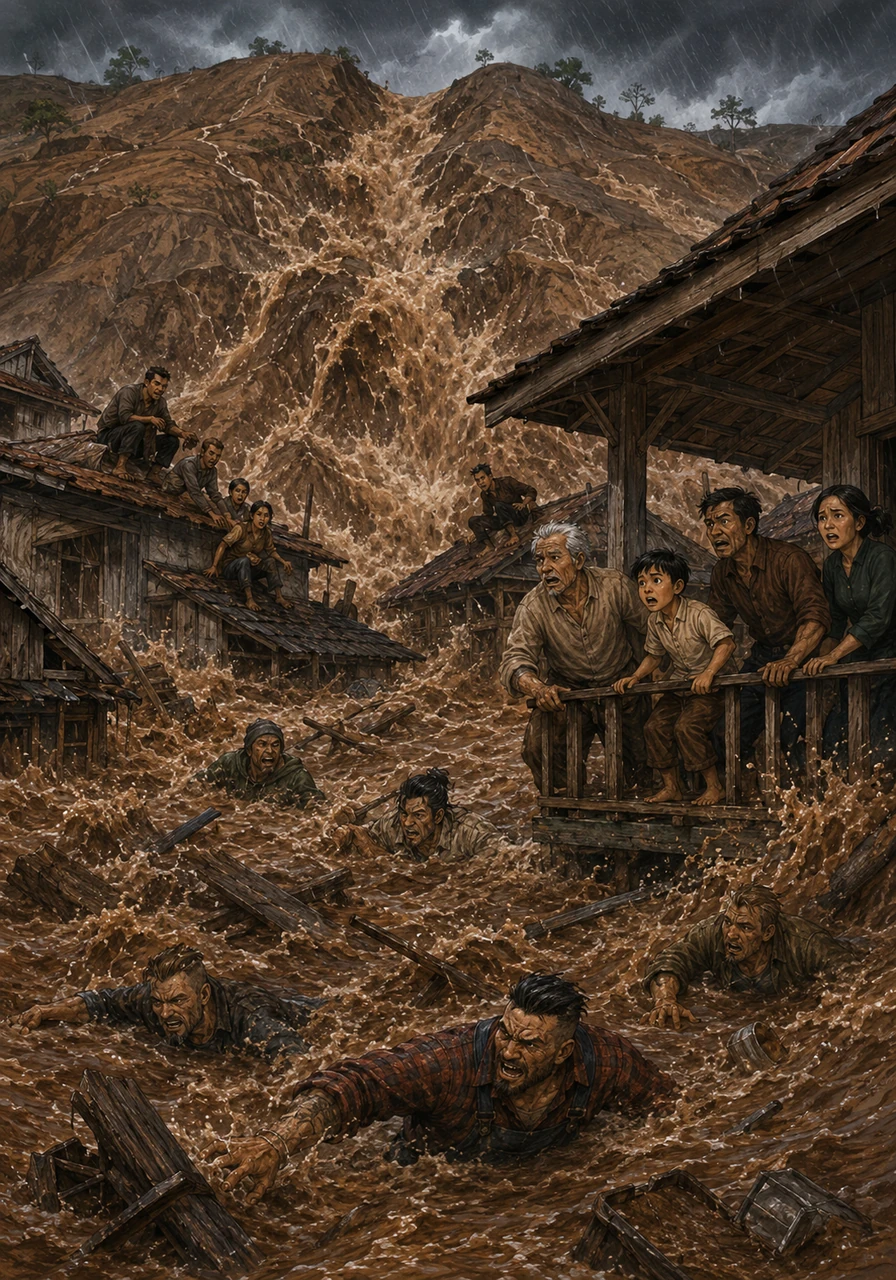 With no tree roots left to soak up the water, the rain rushes down the bare hills like a tidal wave. A massive flood of chocolate-colored water slams into Makmur Village, submerging streets and homes in a terrifying surge.