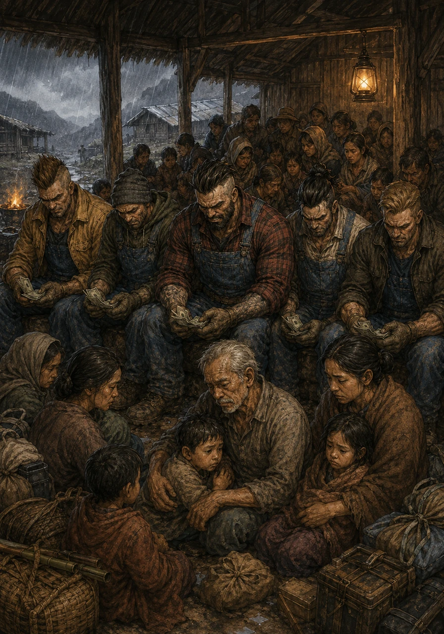 Possessions are swept away and families are forced to flee to the cold, high ground. The loggers sit among the villagers in the shelter, realizing too late that the money they made cannot replace the homes and safety they destroyed.