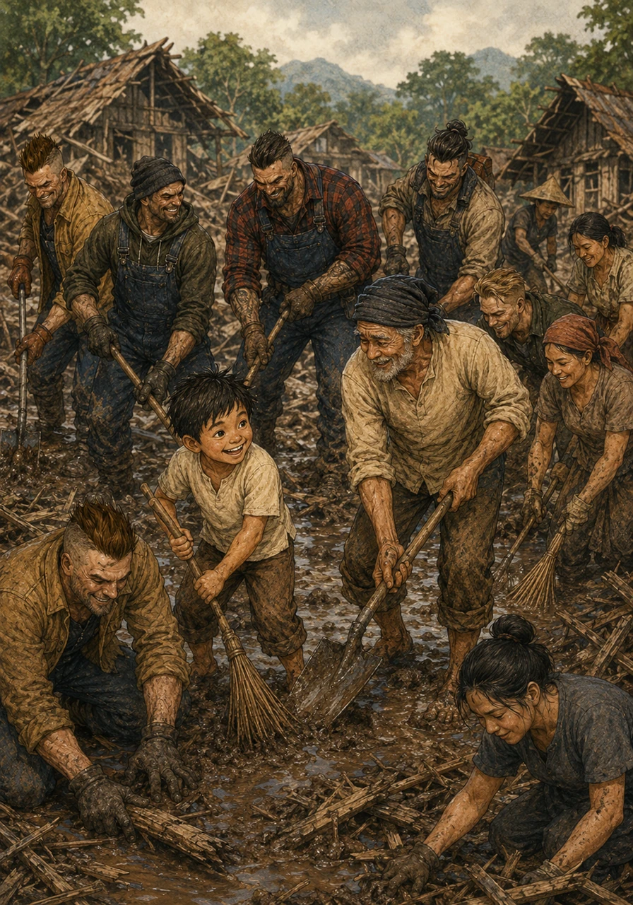 When the waters finally recede, they leave behind thick mud and broken dreams. The villagers and the now-repentant workers pick up shovels and brooms, working side by side to clean the wreckage and promising to heal the land they wounded.