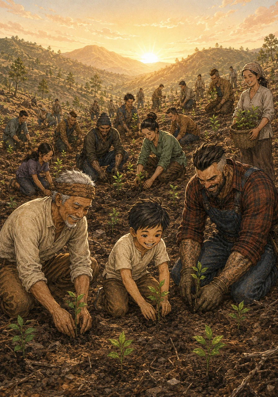 The community returns to the barren hills, but this time they bring thousands of small green saplings. As the sun rises over the horizon, adults and children plant the seeds of a new forest, knowing that protecting these trees is the only way to secure their future.