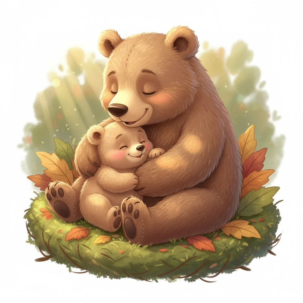 Аюхан, жұмсақ, қоңыр аю баласы, анасының жылы құшағында оянып жатыр. Оның ұясы жұмсақ мүк пен жапырақтардан жасалған, әр жерінен күн сәулесі түсіп тұр. Аюханның көздері әлі ұйқылы, бірақ жүрегі жаңа күнге қуанышты.