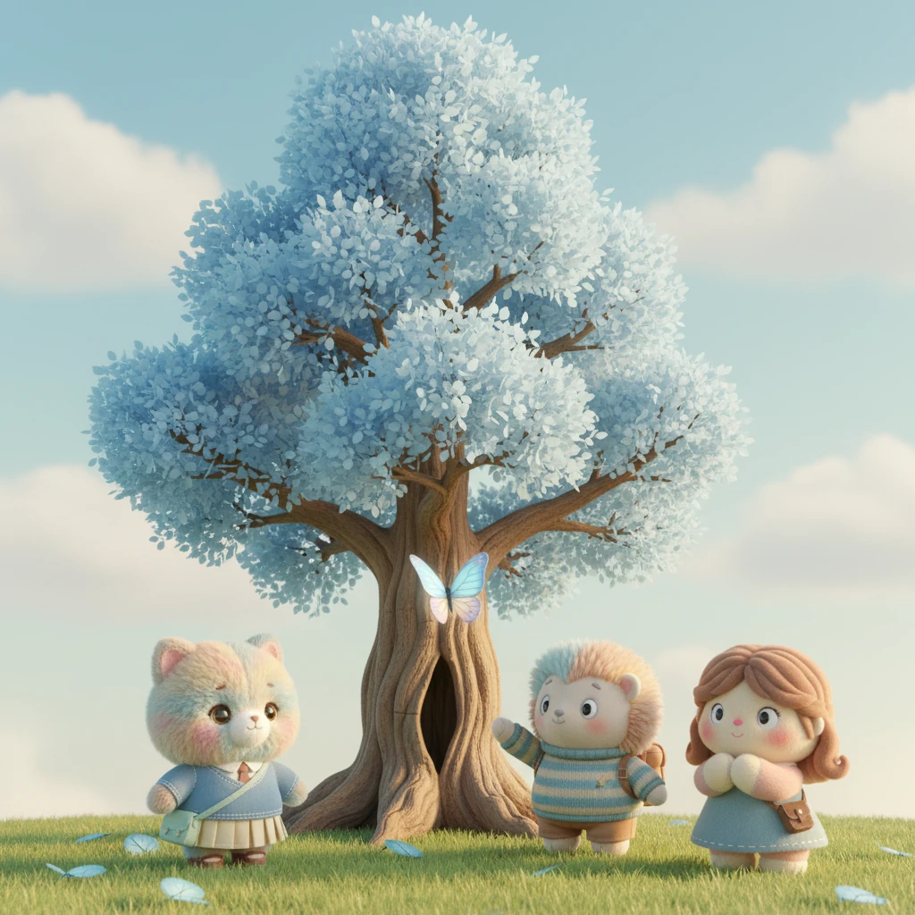 Ақыры, олар биік, ескі ағашқа жетті. Бұл ағаштың жапырақтары көбелектің қанаттары сияқты көк түсті еді. Көбелек қуанып, ағашқа қарай ұшып кетті.