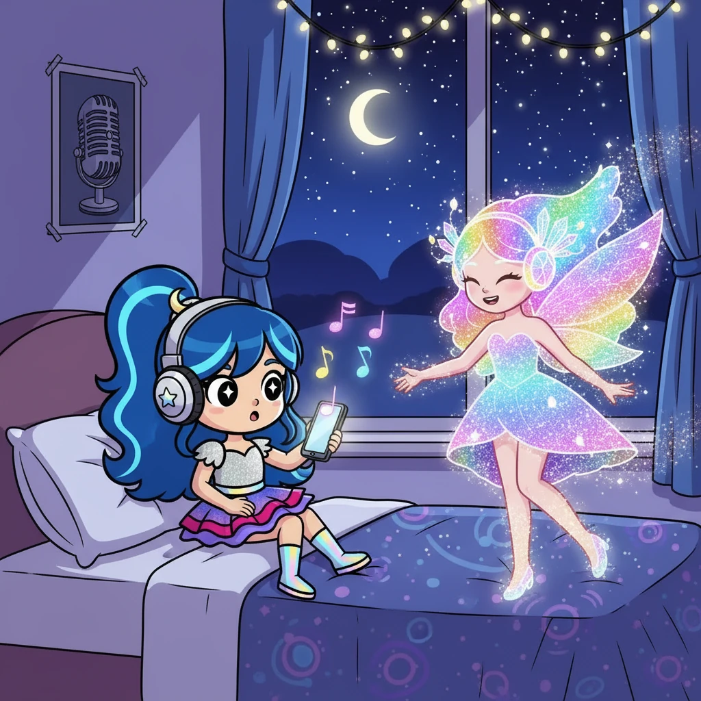 Em uma noite estrelada, enquanto Luna ouvia suas músicas favoritas, uma luz mágica surgiu em seu quarto. Era a Fada do Pop, com cabelos brilhantes e fones de ouvido flutuantes. A fada, encantada com o sonho de Luna, ofereceu-lhe uma jornada para se tornar uma estrela.