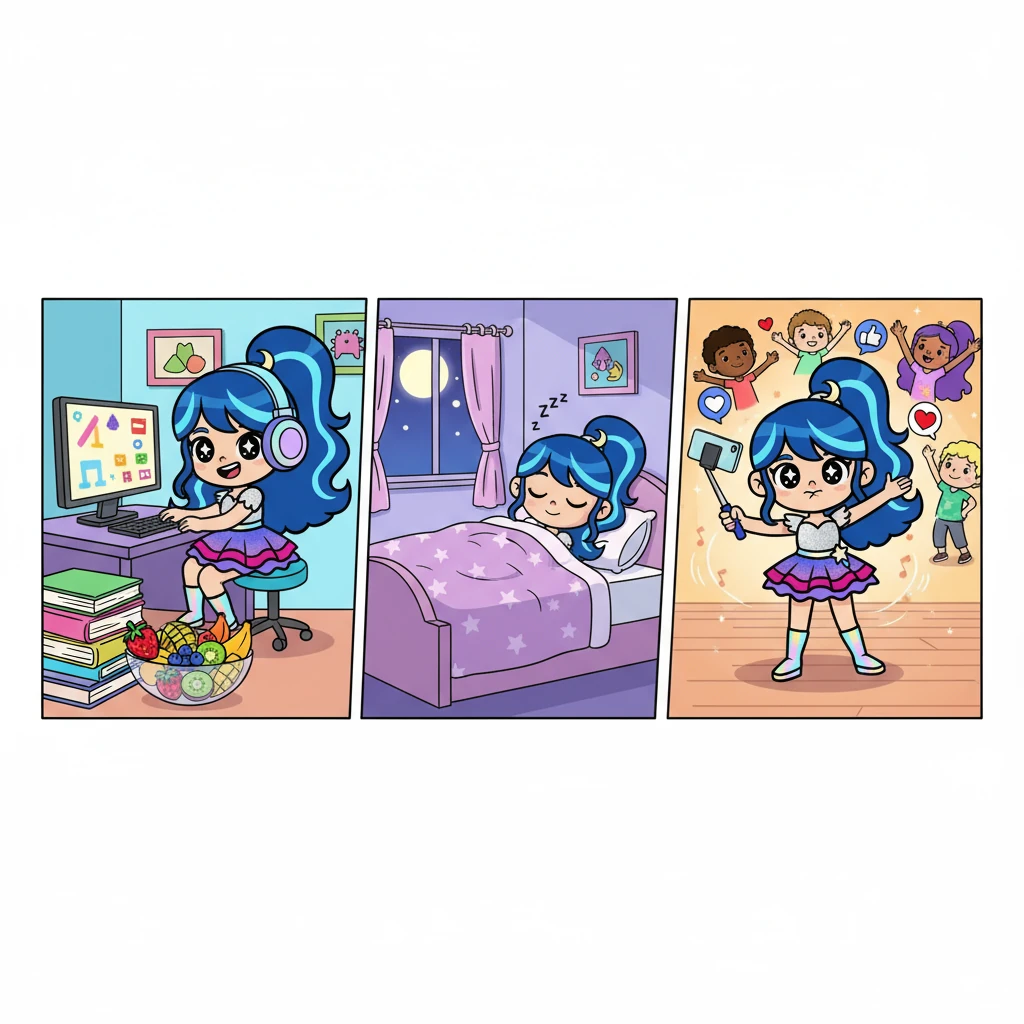 Luna aprendeu com o mundo, assistindo a vídeos, fazendo aulas online e estudando coreano com as músicas. Ela também cuidava da sua saúde, dormindo bem e comendo frutas coloridas. Compartilhava sua dança com o mundo, postando vídeos e recebendo o apoio de amigos.