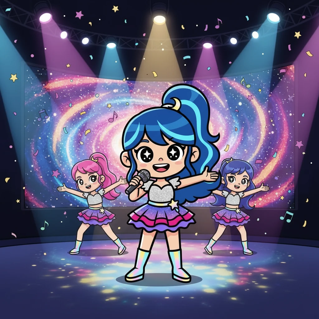 Anos depois, o sonho de Luna finalmente se tornou realidade. Ela estreou no palco com seu grupo de K-pop, “Starlily”. As luzes brilharam, a música começou, e Luna, com um sorriso radiante, sussurrou: “Obrigada, Fada do Pop. Eu consegui!”