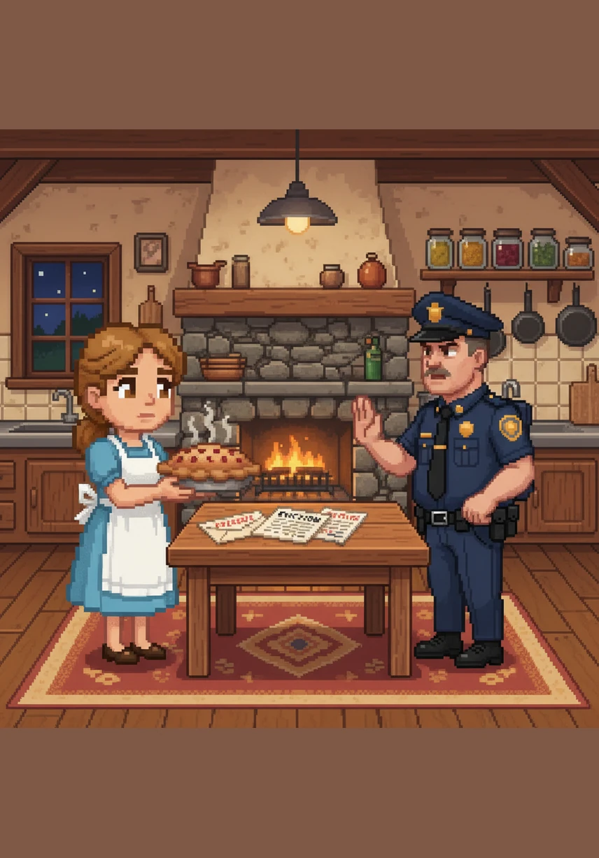 The police officers arrived and began a thorough search of the house, looking for any sign of a struggle or a blunt instrument. As they grew tired and hungry, Mary kindly offered them the dinner she had prepared, insisting they eat the roasted lamb. They sat around the kitchen table, their brows furrowed as they discussed the mysterious case.