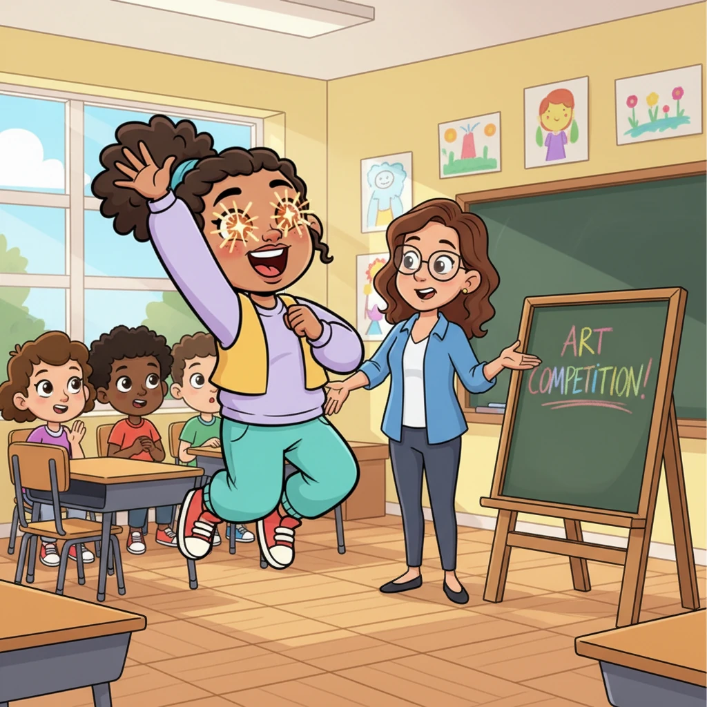 One sunny morning, her teacher announced an exciting art competition! Darby's eyes lit up like fireworks. "Mam, pick me, pick me!" she shouted, bouncing with excitement, her hand shooting into the air.