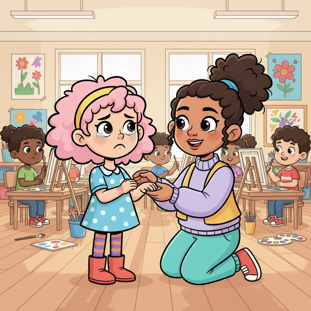 At school, instead of painting, Darby went to her teacher with a sad face. "Mam," she said, holding her hand, "I hurt my hand, I can't do art today." Her kind teacher nodded, understanding the fib, and let Darby sit quietly while others painted.