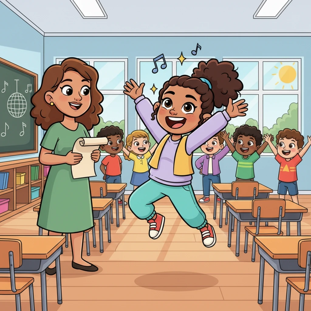 A few days later, a new announcement filled the classroom with buzz: a grand dance competition! Darby forgot her past worries instantly, leaping from her seat. "Mam, pick me, pick me! I love to dance!" she exclaimed, her heart full of rhythm.