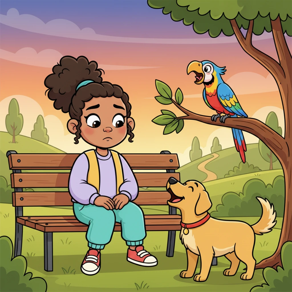 That evening, Darby sat on a park bench, deep in thought. A colorful parrot squawked from a tree, "Squaaq, squaaq, lying is bad!" Then, a friendly dog barked, "Woof! Woof! Truth makes us strong!" Darby giggled, but their words began to echo in her mind.