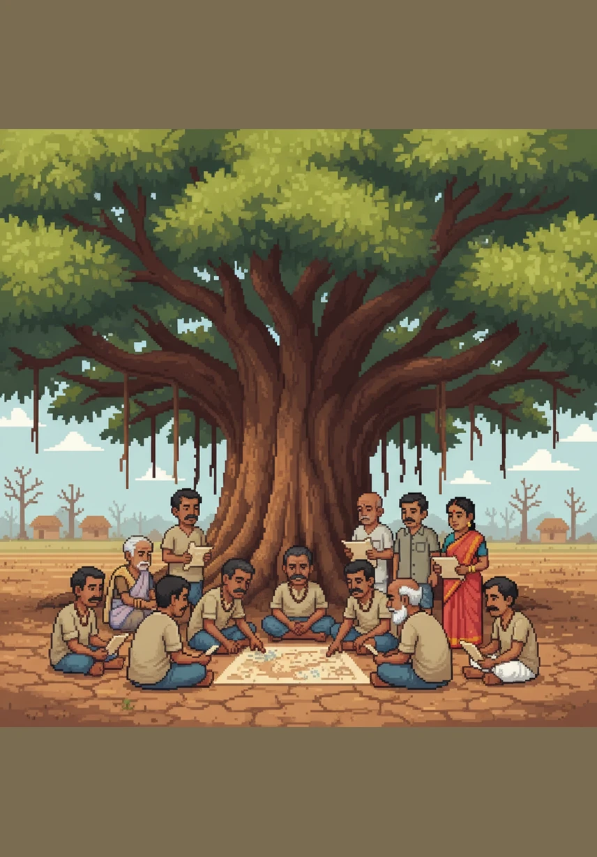 The village elders and the most educated scholars gathered under the great banyan tree to find a solution. Despite their long debates and complicated maps, no one could think of a way to bring the water back to their thirsty land.