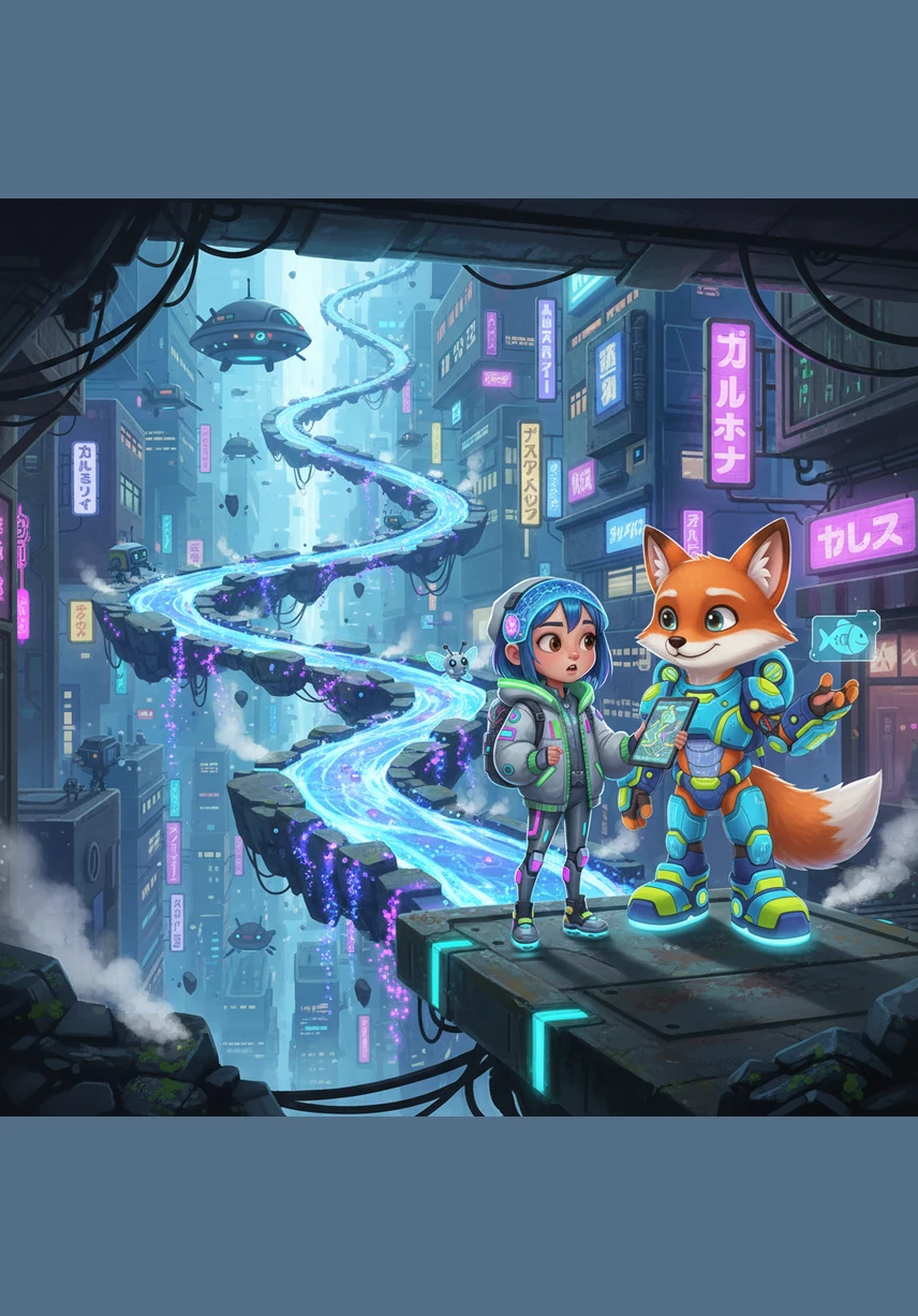 Lily follows the trail to a shimmering brook where the water flows upward toward the sky in gentle spirals. She hops across floating stones that feel as soft as marshmallows under her feet, laughing as the water splashes like liquid diamonds.