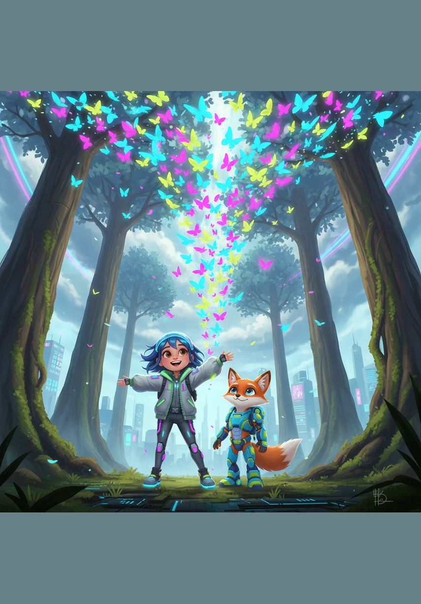 Suddenly, the trees around her grow tall enough to touch the clouds, their leaves transforming into thousands of colorful butterflies. Lily stretches her arms out wide, feeling the gentle breeze as the winged leaves flutter in a rhythmic dance above her head.