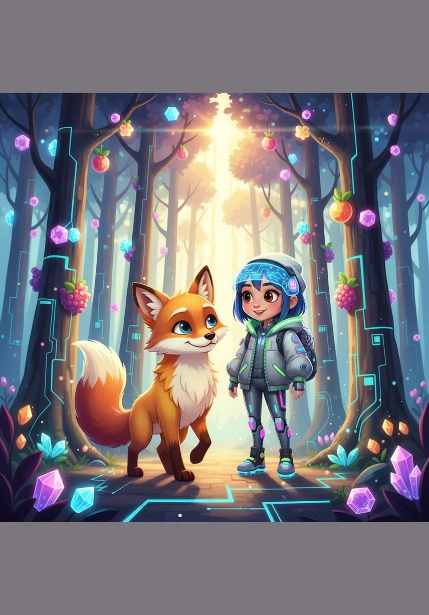 In a sun-drenched clearing, Lily meets a friendly fox with a coat that looks like a summer sunset. The fox offers to walk beside her, and together they wander through a forest where the trees grow delicious crystal candies instead of fruit.