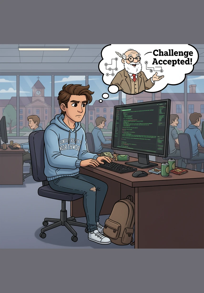 Alex opens a code editor to build the backend logic using the C language. Arrays and structures begin to take shape, forming the digital foundation for student records and room numbers.