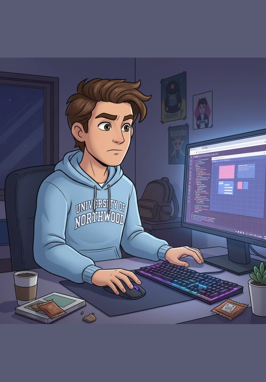 Switching to the frontend, Alex writes clean HTML code to create a welcoming interface. The screen transforms into a bright, intuitive dashboard with buttons for registration, room status, and student profiles.