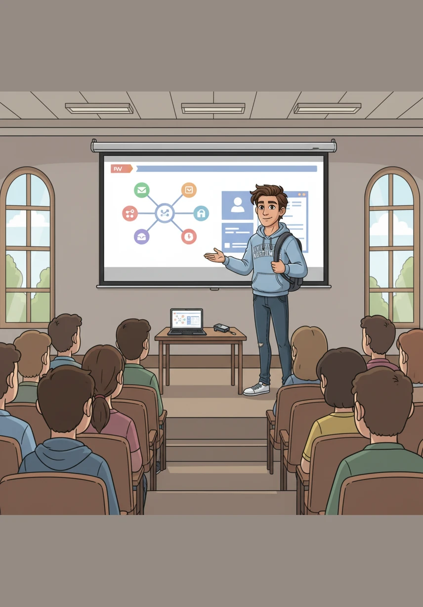 With the software complete, Alex turns to creating a professional PowerPoint presentation. Colorful slides highlight the complexity of the data structures used and the simplicity of the user experience created.